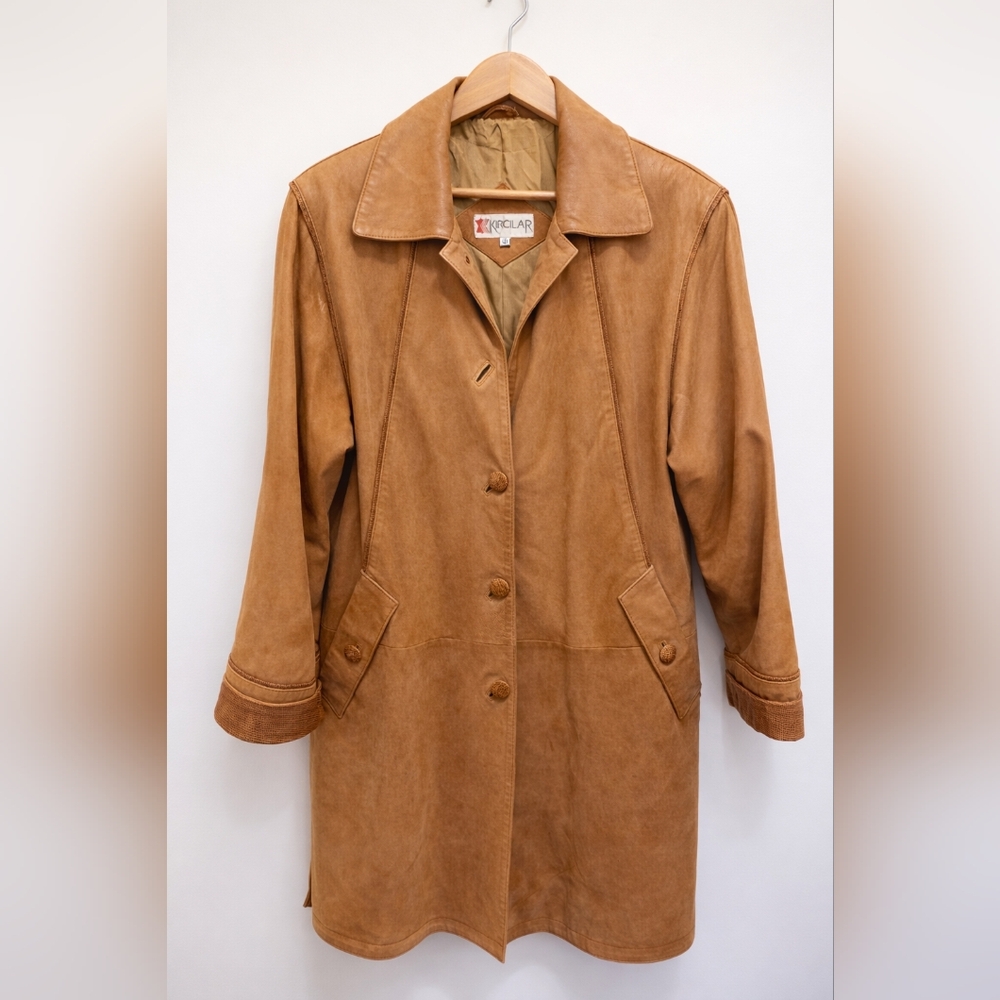 Vintage Genuine Leather Caramel Coat – 90s European Minimalist – Size 40